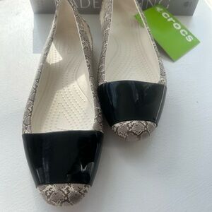 CROCS Women's Snake-Print Ballet Flats with Black Patent Toe